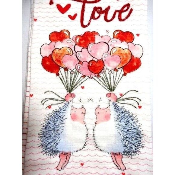 Isaac Mizrahi ALL YOU NEED IS LOVE Hedgehogs Kitchen Towels Sparkle Balloons NWT - Picture 3 of 3